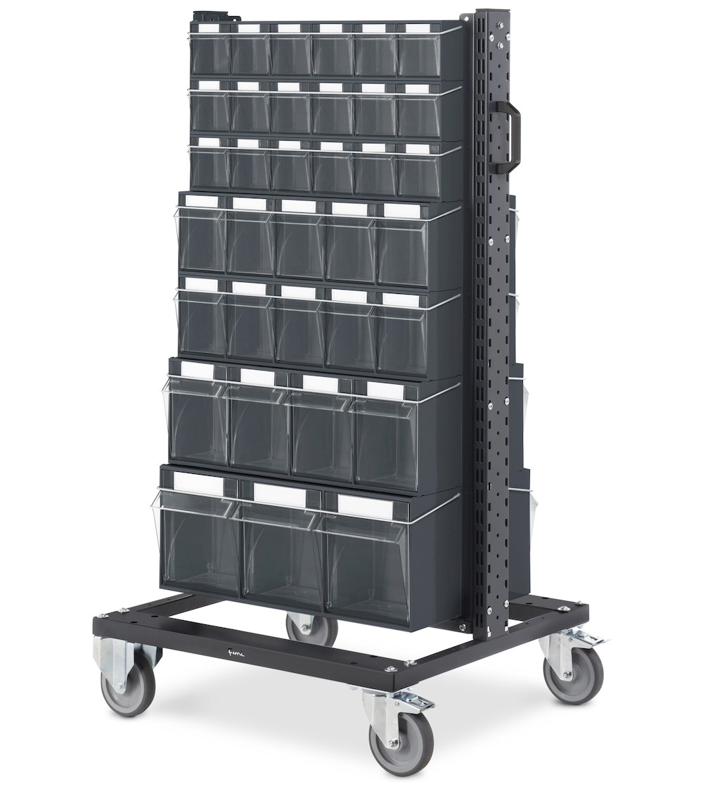 Carrello con cassettiere trasparenti, 70 contenitori grigio antracite