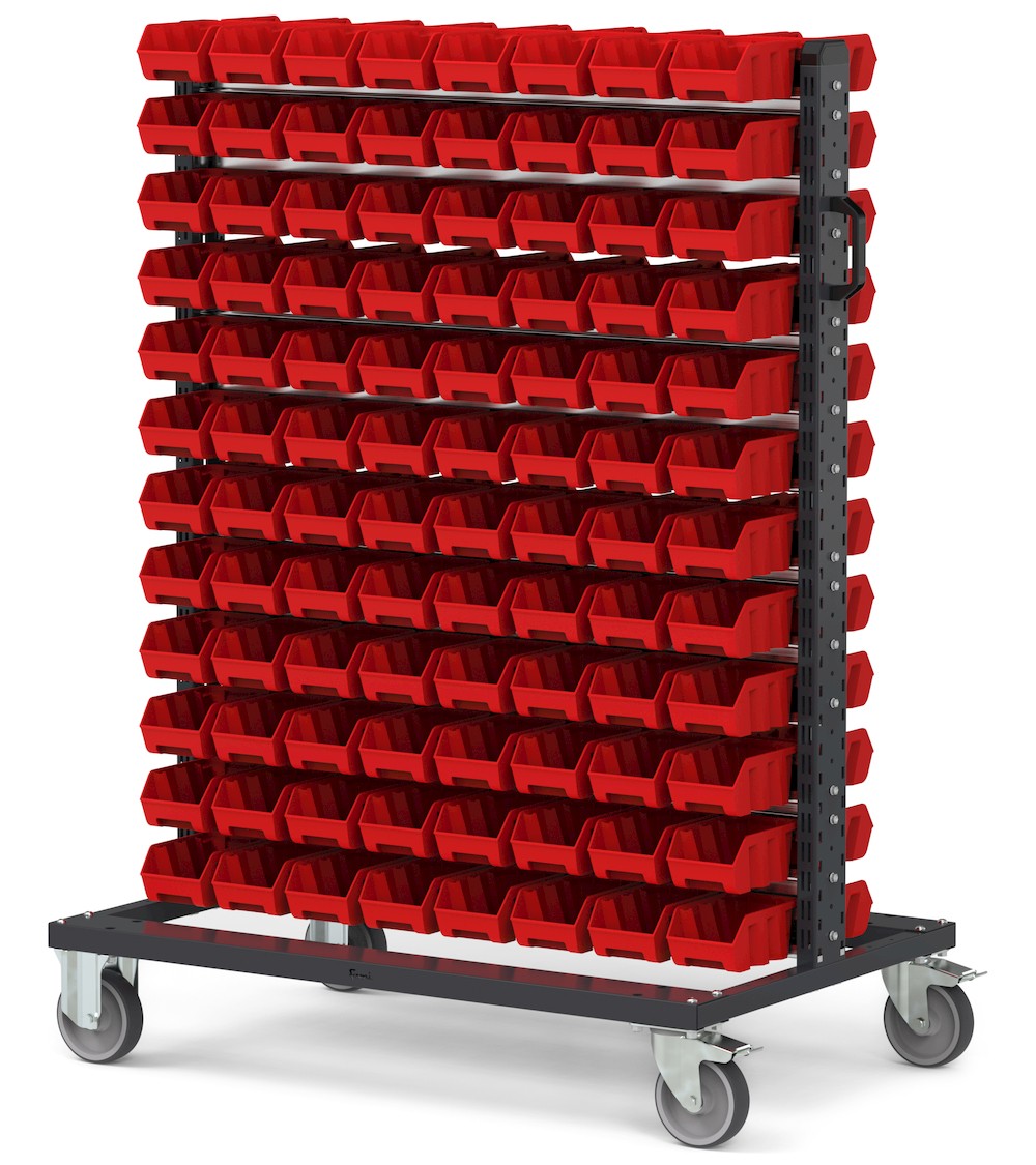 Carrello con 192 contenitori a bocca di lupo Picking Box Air rosso traffico