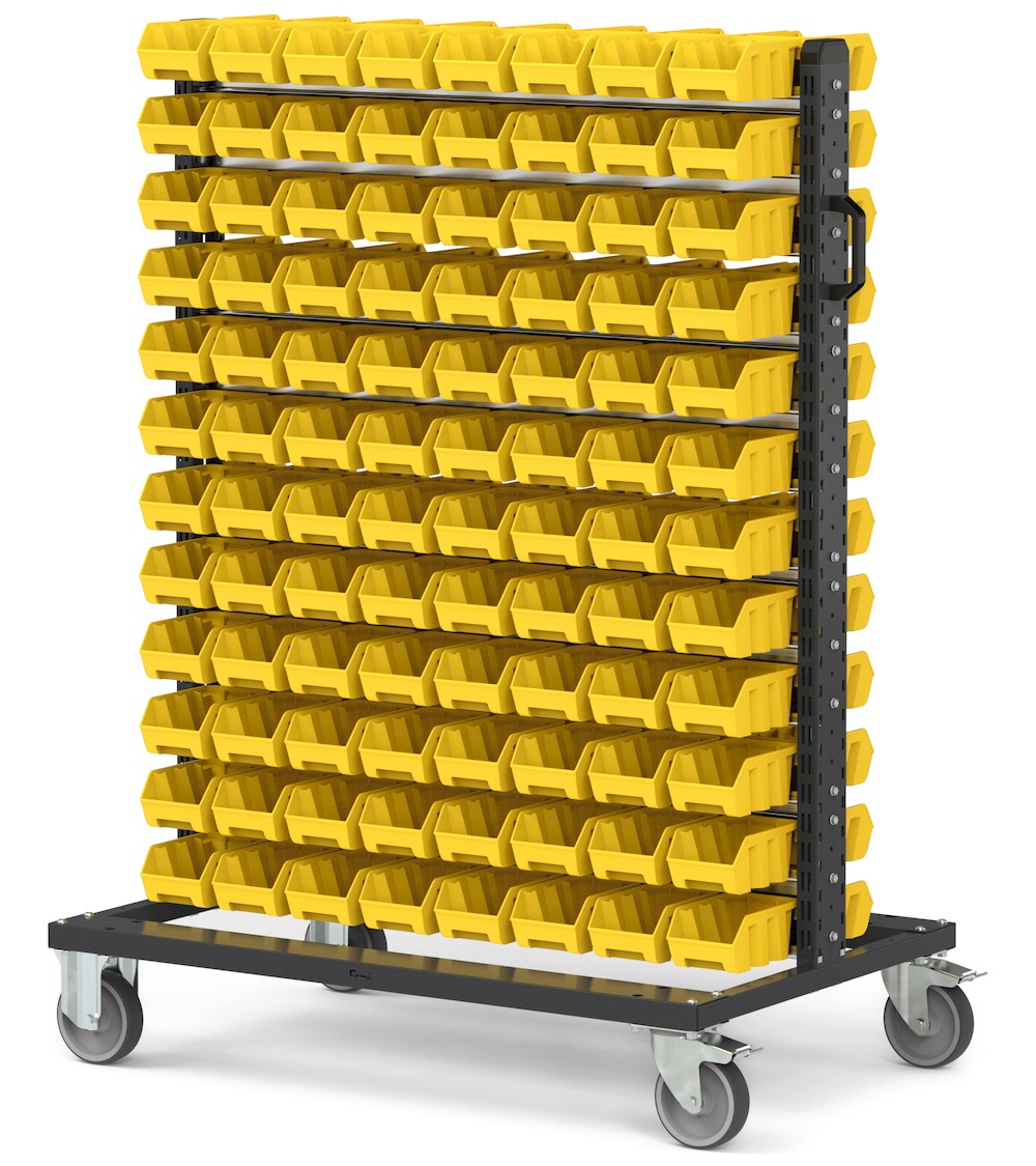 Carrello con 192 contenitori a bocca di lupo Picking Box Air giallo zinco
