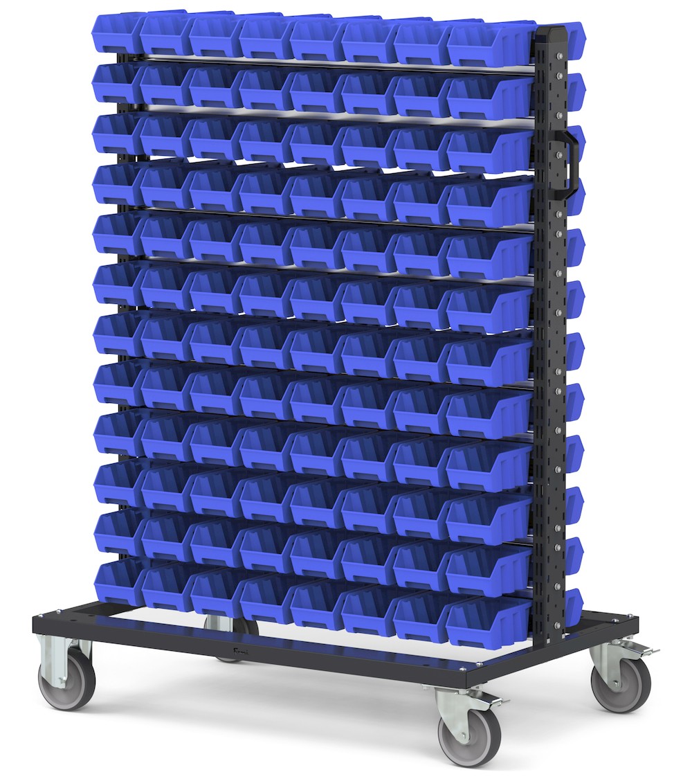Carrello con 192 contenitori a bocca di lupo Picking Box Air blu cielo
