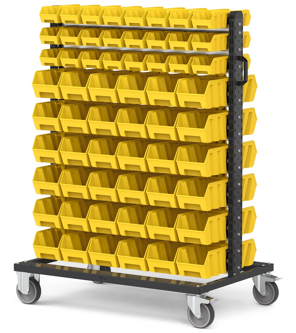 Carrello con 120 contenitori a bocca di lupo Picking Box Air giallo zinco