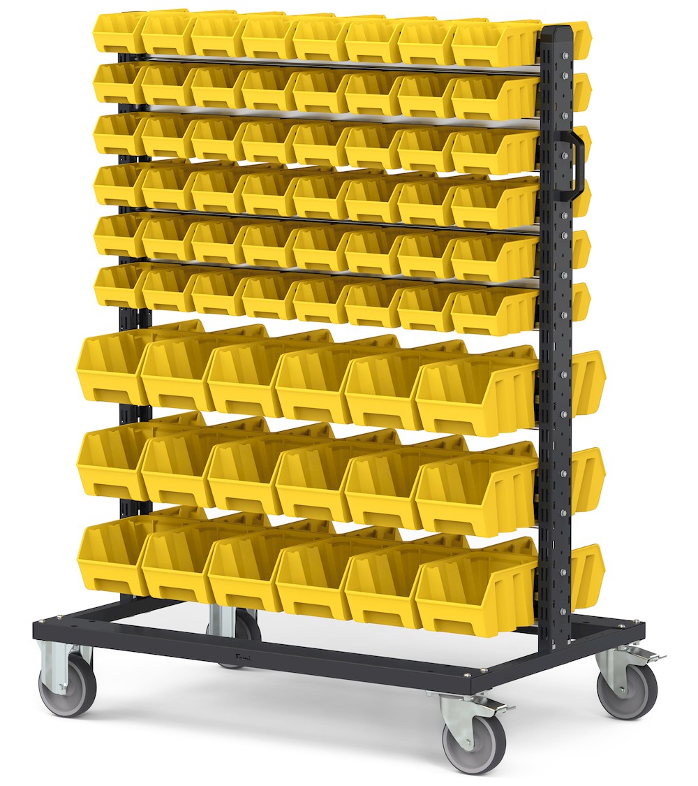 Carrello con 132 contenitori a bocca di lupo Picking Box Air giallo zinco