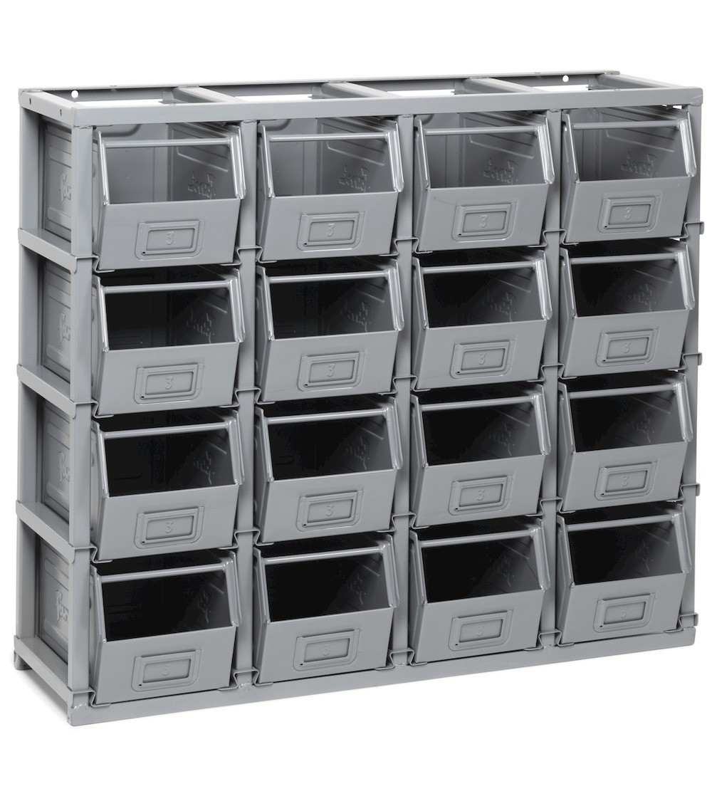 Scaffale monoblocco porta minuteria con 16 contenitori in metallo mis. 3, L1025 x P355 x H885 mm