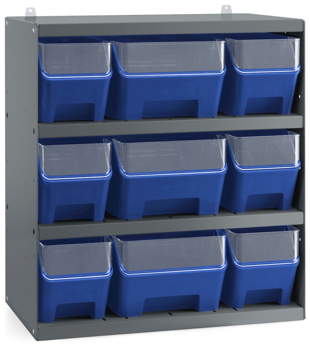 Scaffale a 4 ripiani grigio scuro con 9 contenitori RK Box Air blu cielo con divisori e frontalini, L496 x P304 x H546 mm