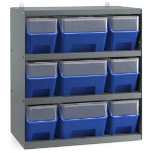 Scaffale a 4 ripiani grigio scuro con 9 contenitori RK Box Air blu cielo con coperchi e frontalini, L496 x P304 x H546 mm