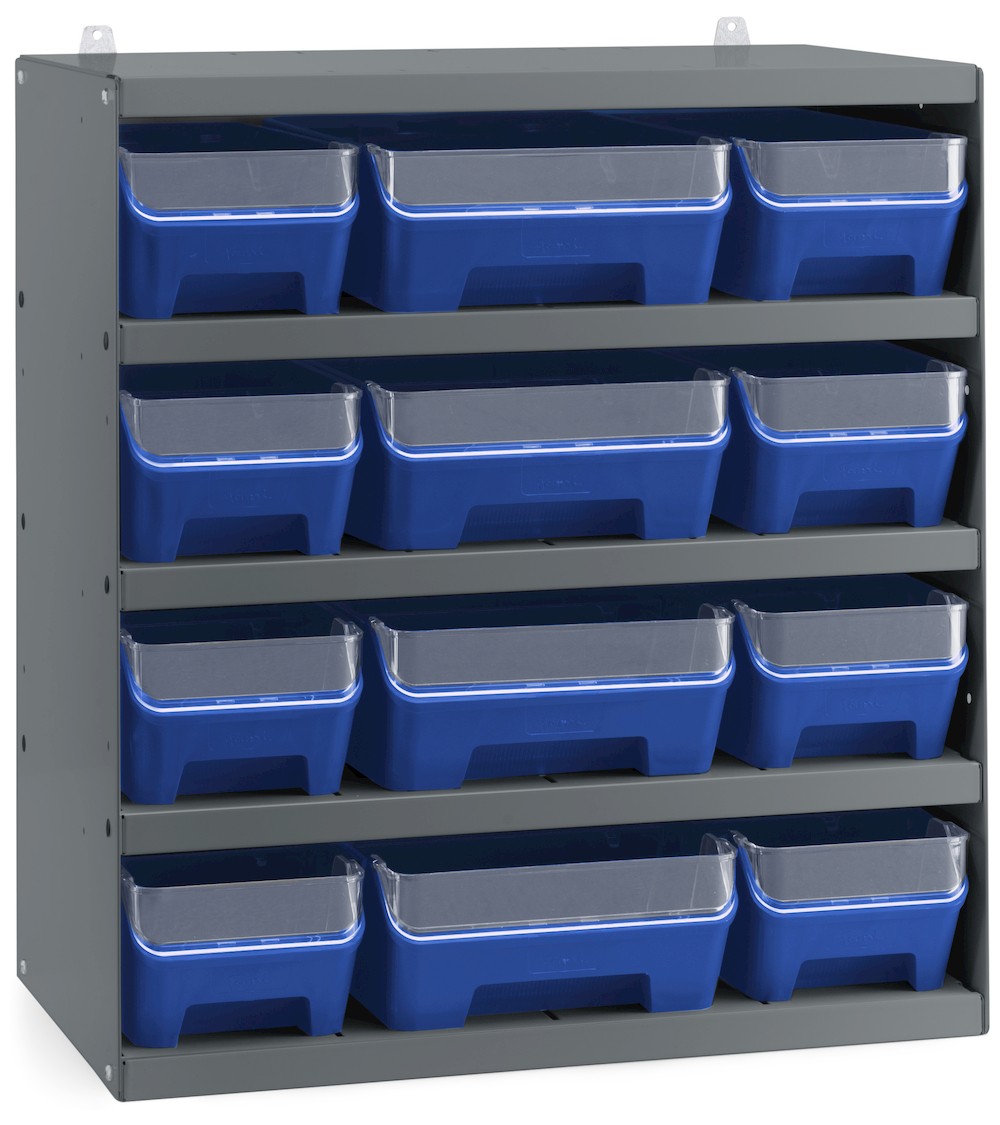 Scaffale a 5 ripiani grigio scuro con 12 contenitori RK Box Air blu cielo con divisori e frontalini, L496 x P304 x H546 mm