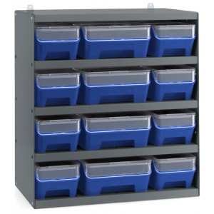 Scaffale a 5 ripiani grigio scuro con 12 contenitori RK Box Air blu cielo con coperchi e frontalini, L496 x P304 x H546 mm