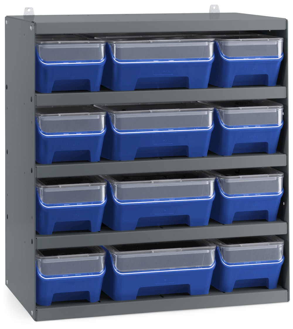 Scaffale a 5 ripiani grigio scuro con 12 contenitori RK Box Air blu cielo con coperchi e frontalini, L496 x P304 x H546 mm