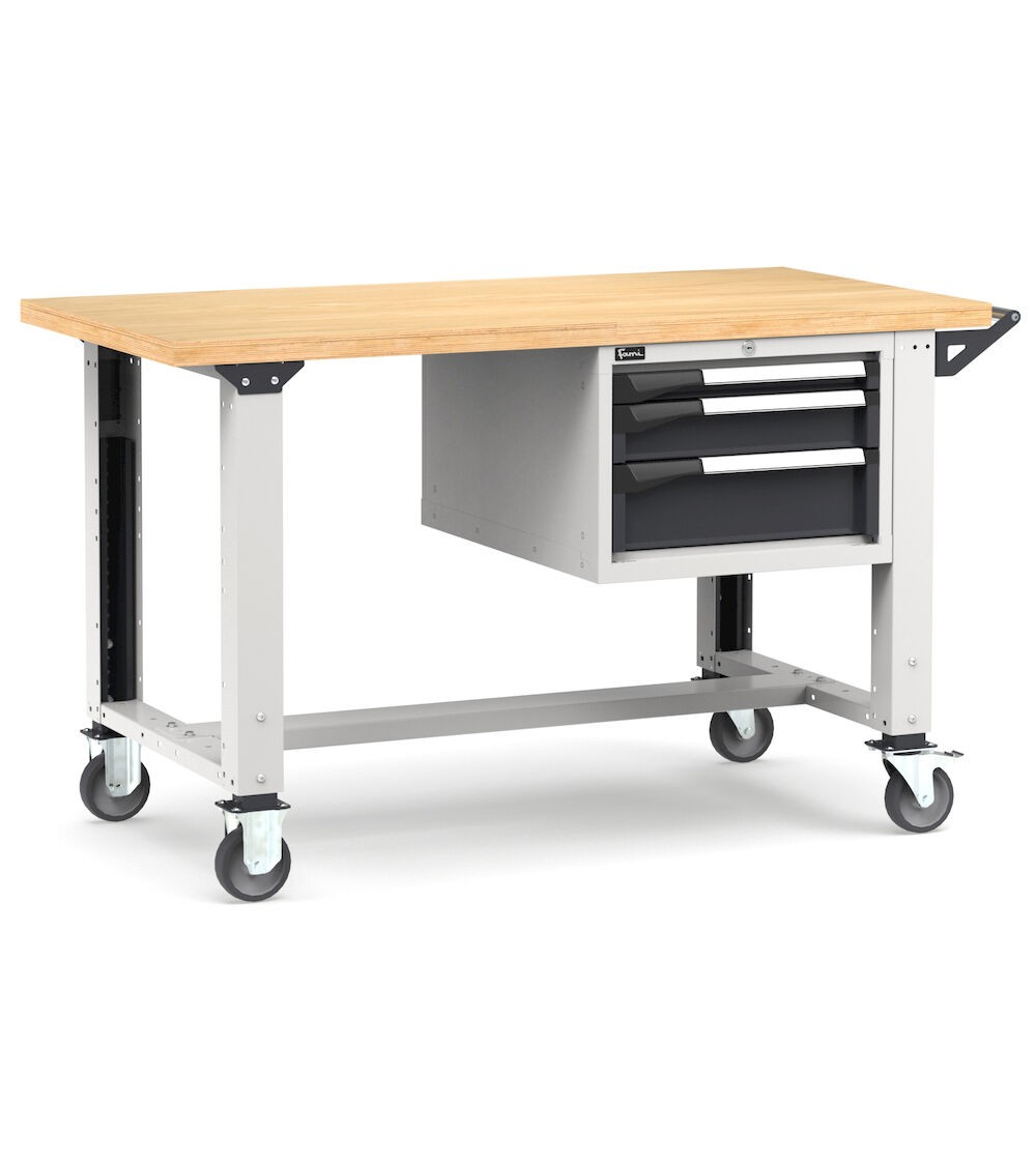 Banco professionale con ruote e 3 cassetti, 150 cm, grigio e antracite