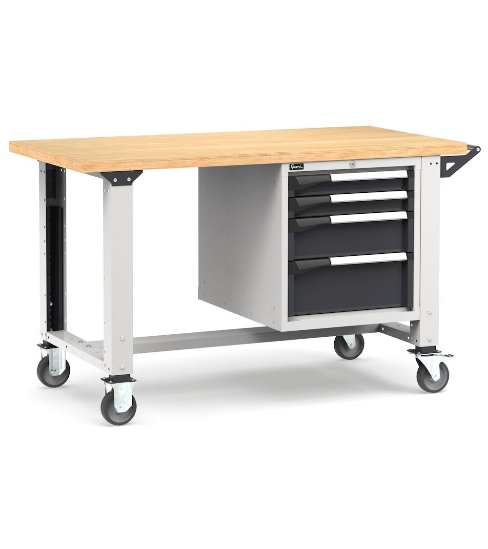 Banco professionale con ruote e 4 cassetti, 150 cm, grigio e antracite