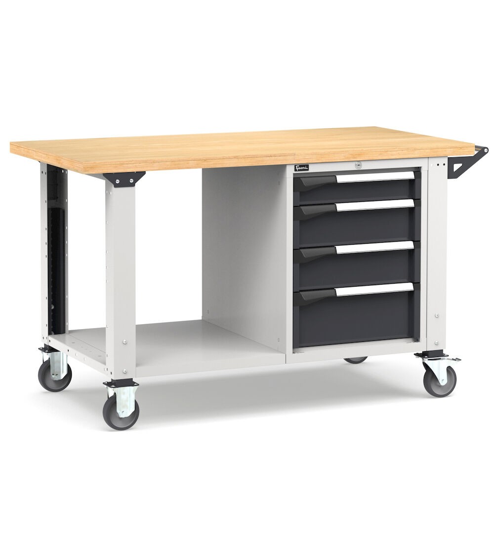 Banco professionale con ruote, piano inferiore, 4 cassetti, 150 cm, grigio e antracite