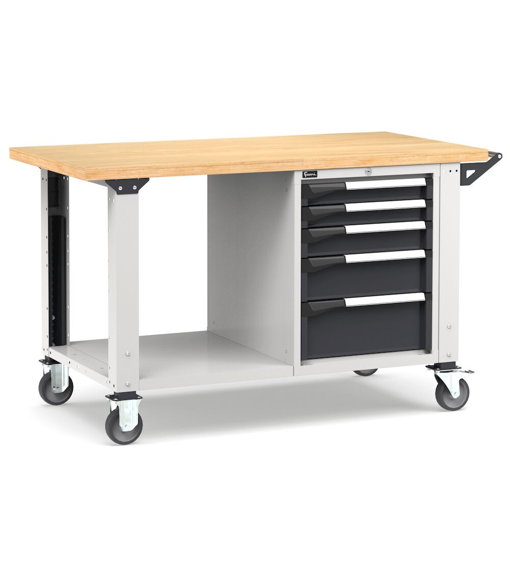 Banco professionale con ruote e 5 cassetti, 150 cm, grigio e antracite