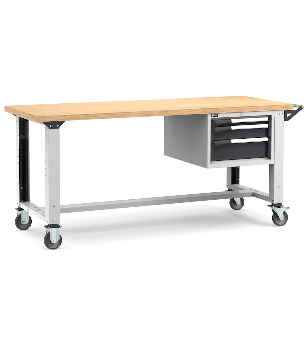 Banco professionale con ruote e 3 cassetti, 200 cm, grigio e antracite