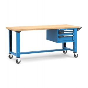 Banco professionale con ruote e 3 cassetti, 200 cm, blu e antracite