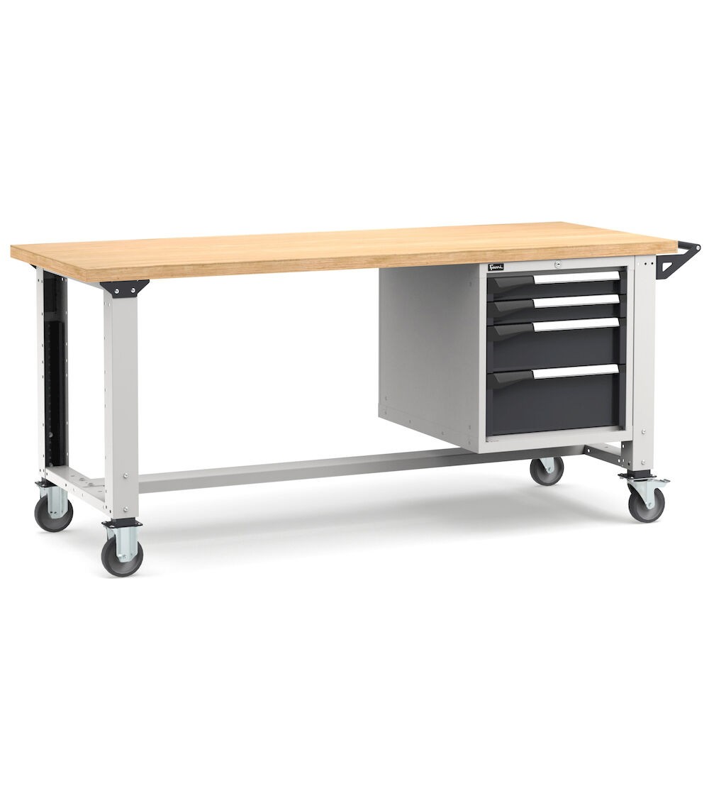 Banco professionale con ruote e 4 cassetti, 200 cm, grigio e antracite