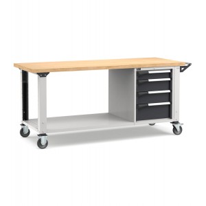 Banco professionale con ruote, piano inferiore, 4 cassetti, 200 cm, grigio e antracite