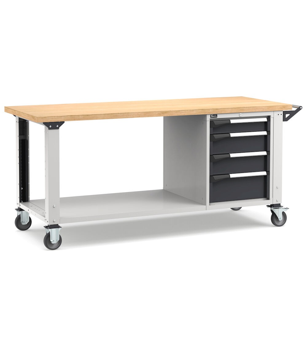 Banco professionale con ruote, piano inferiore, 4 cassetti, 200 cm, grigio e antracite