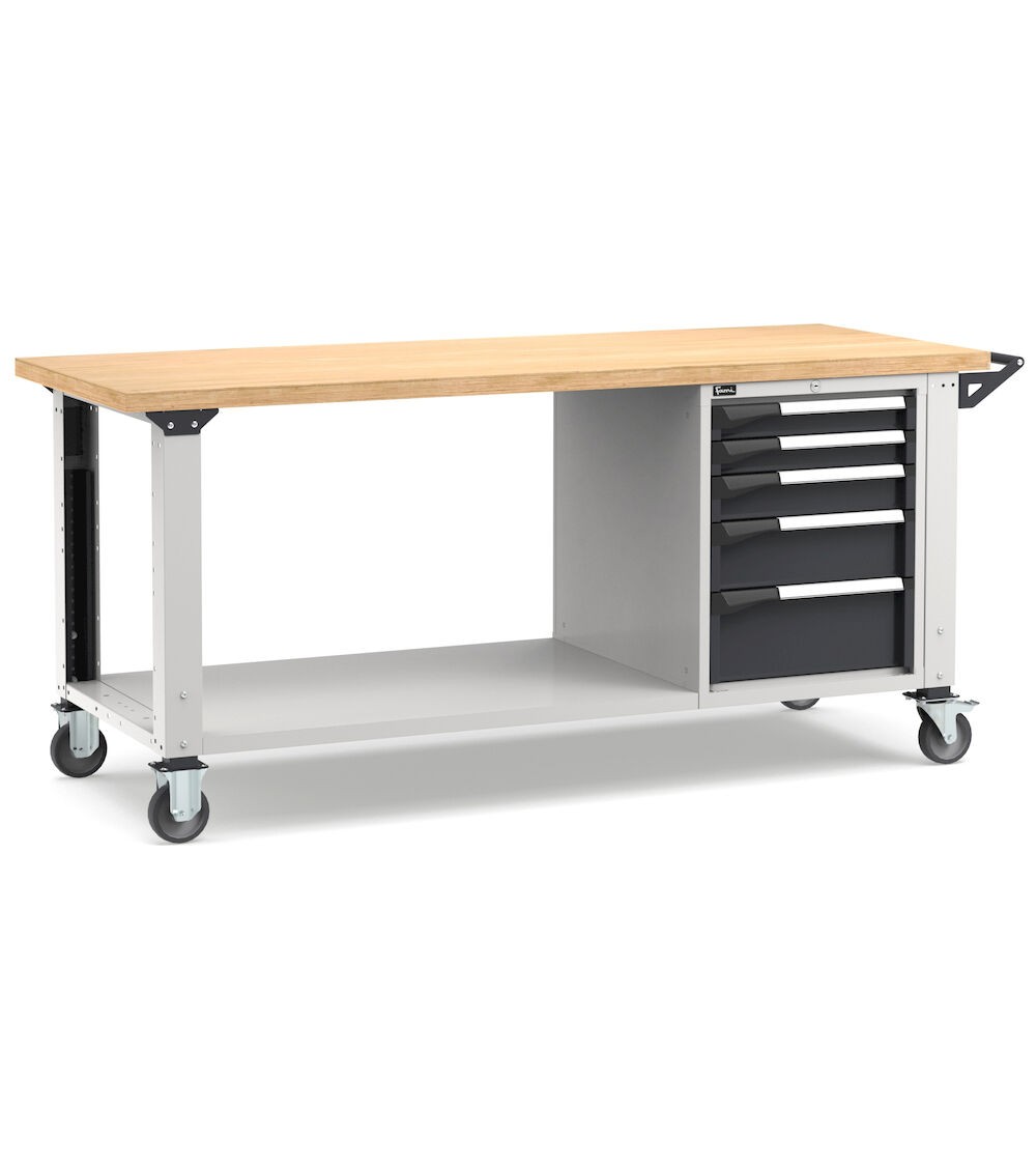 Banco professionale con ruote e 5 cassetti, 200 cm, grigio e antracite