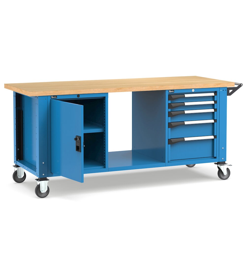 Banco professionale con ruote, 4 cassetti, porta e ripiano regolabile, 200 cm, blu e antracite