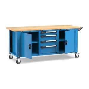 Banco professionale con ruote, 4 cassetti, 2 porte, 2 ripiani, 200 cm, blu e antracite