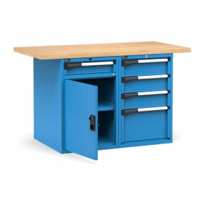 Banco professionale con porta, ripiano regolabile e 5 cassetti, 150 cm,  blu