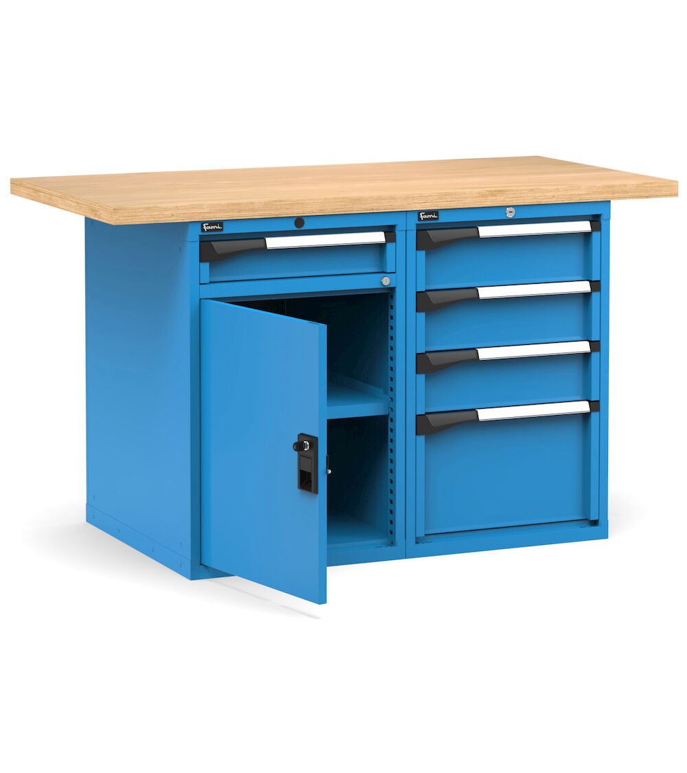 Banco professionale con porta, ripiano regolabile e 5 cassetti, 150 cm,  blu