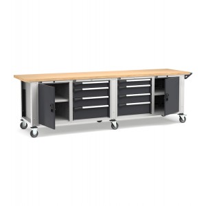 Banco professionale con ruote, 8 cassetti, 2 porte, 1 ripiano, 300 cm, grigio e antracite