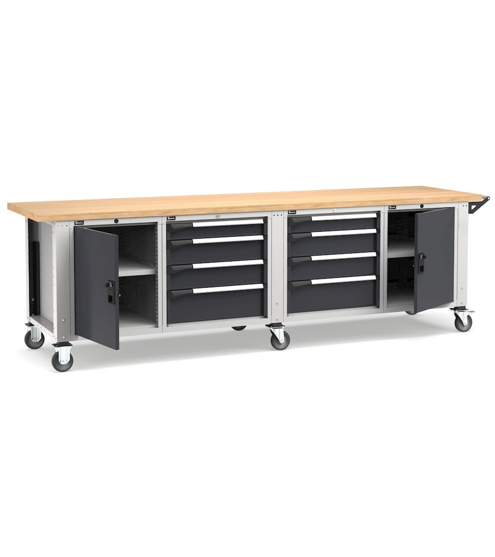 Banco professionale con ruote, 8 cassetti, 2 porte, 1 ripiano, 300 cm, grigio e antracite