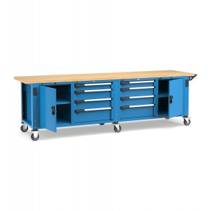 Banco professionale con ruote, 8 cassetti, 2 porte, 1 ripiano, 300 cm, blu e antracite