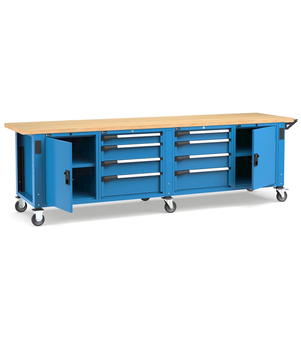 Banco professionale con ruote, 8 cassetti, 2 porte, 1 ripiano, 300 cm, blu e antracite