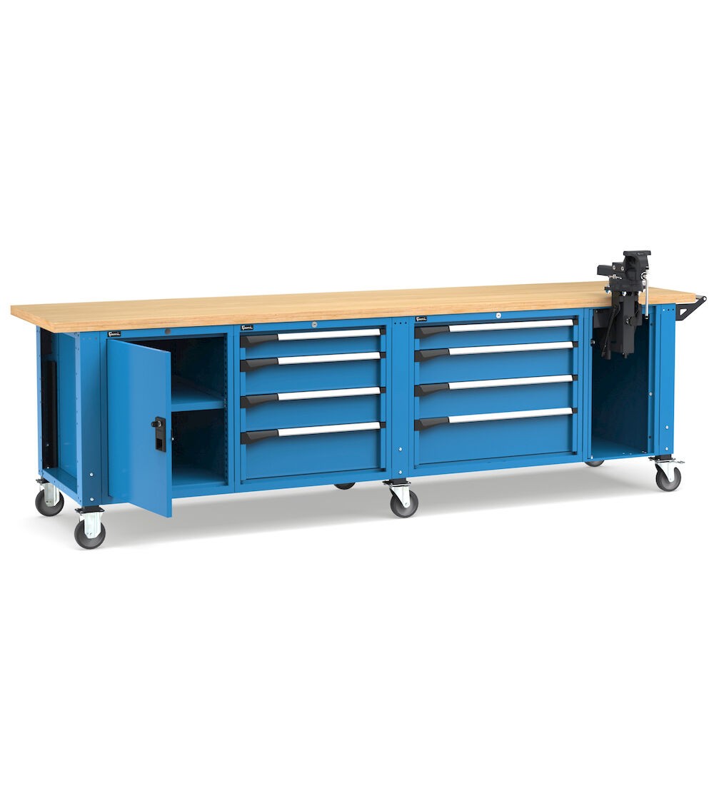 Banco professionale con ruote, 8 cassetti, porta, ripiano regolabile e morsa, 300 cm, blu e antracite