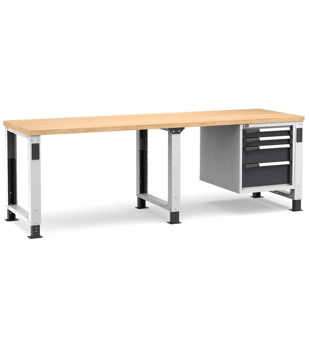 Banco professionale regolabile con 4 cassetti 2x75 1x150 1x200, 250 cm, grigio e antracite