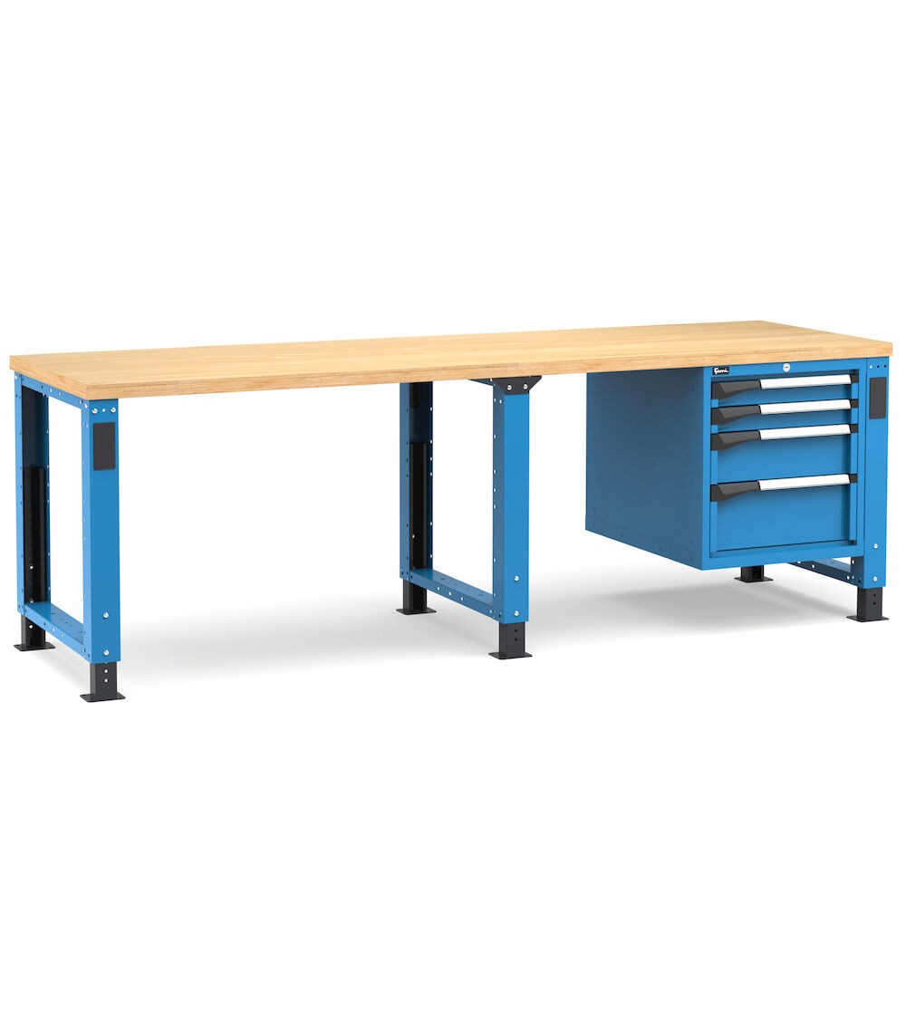 Banco professionale regolabile con 4 cassetti 2x75 1x150 1x200, 250 cm, blu e antracite