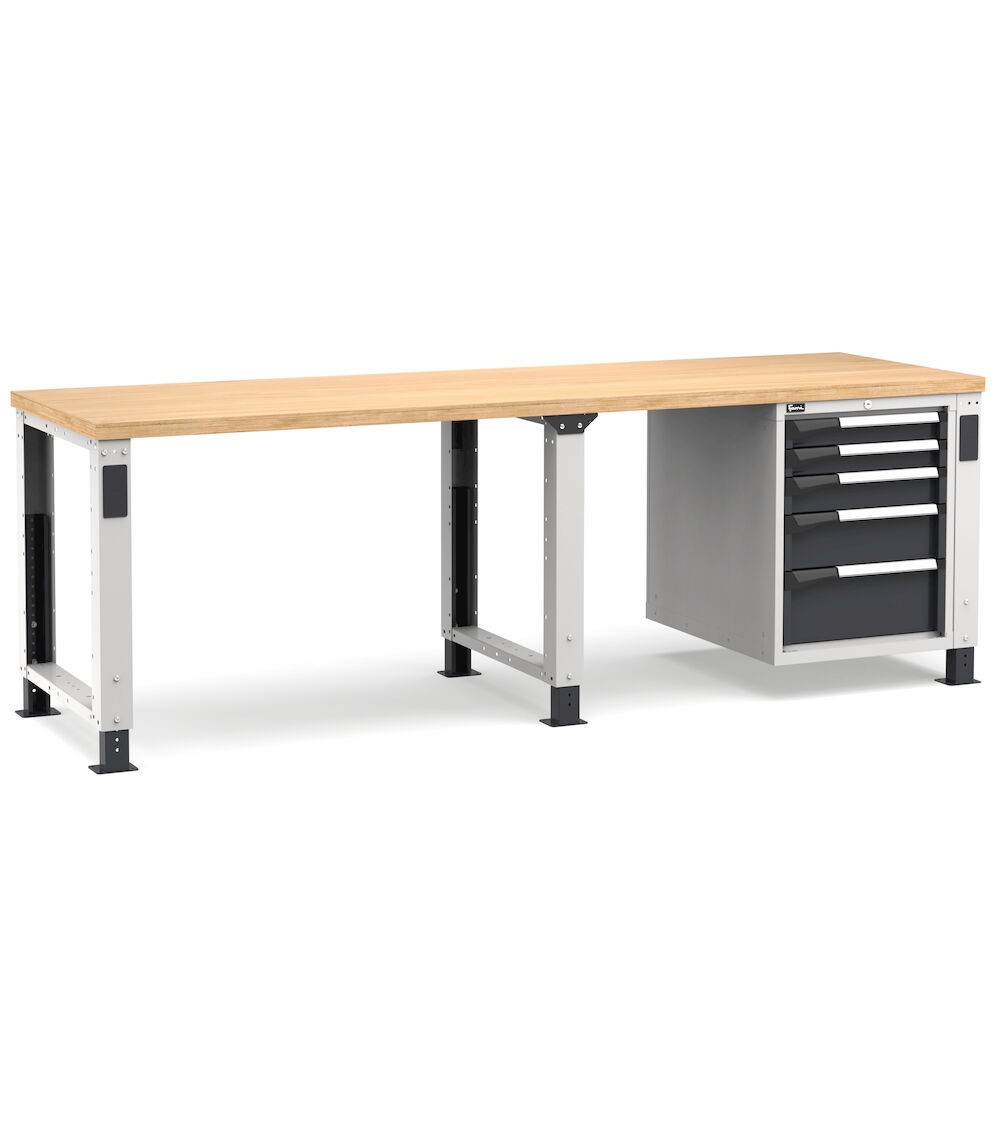 Banco professionale regolabile con 5 cassetti, 250 cm, grigio e antracite