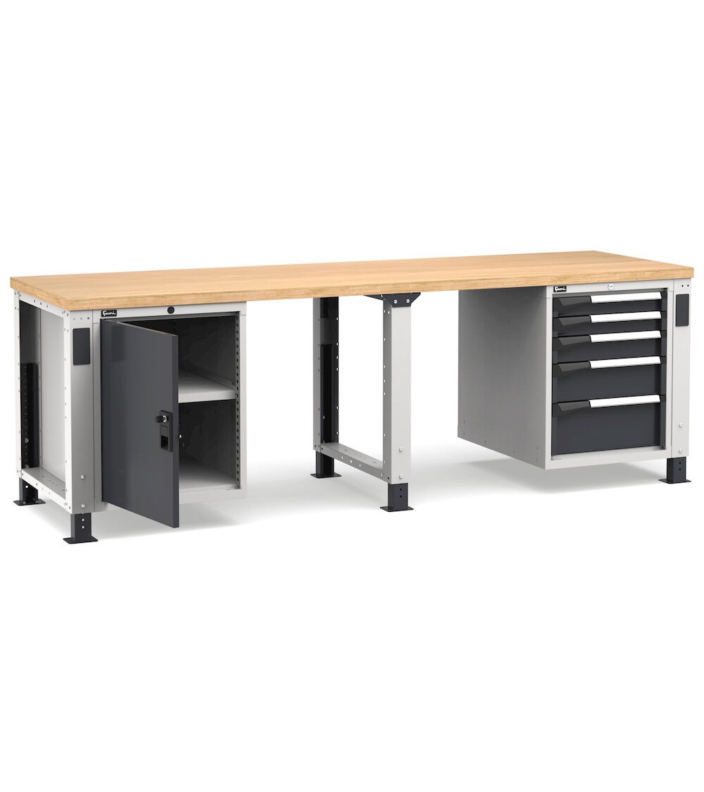 Banco professionale regolabile con 5 cassetti, porta e piano regolabile, 250 cm, grigio e antracite