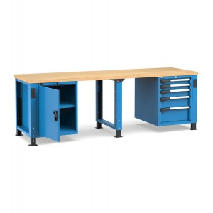 Banco professionale regolabile con 5 cassetti, porta e piano regolabile, 250 cm, blu e antracite