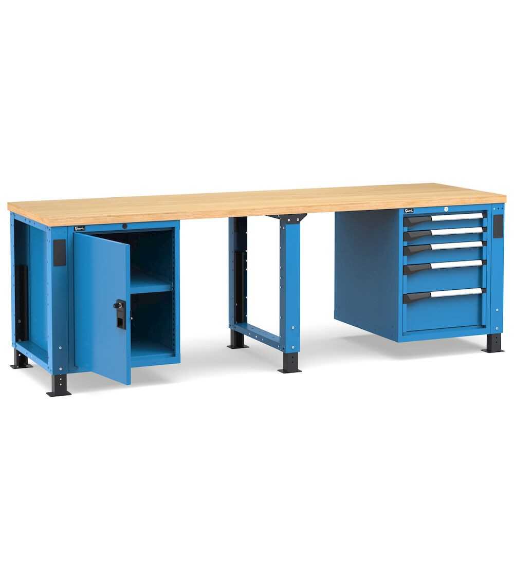 Banco professionale regolabile con 5 cassetti, porta e piano regolabile, 250 cm, blu e antracite