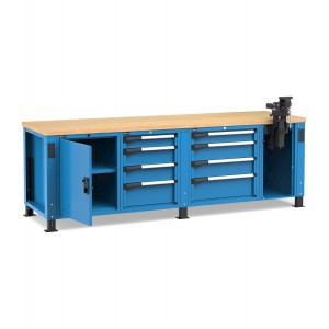 Banco professionale con 8 cassetti porta, ripiano regolabile e morsa, 250 cm, blu e antracite