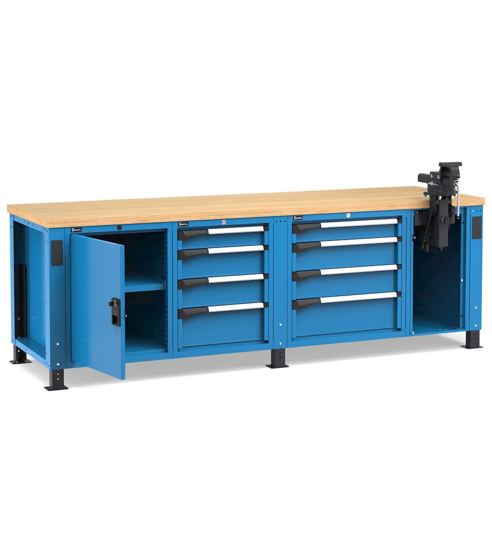 Banco professionale con 8 cassetti porta, ripiano regolabile e morsa, 250 cm, blu e antracite