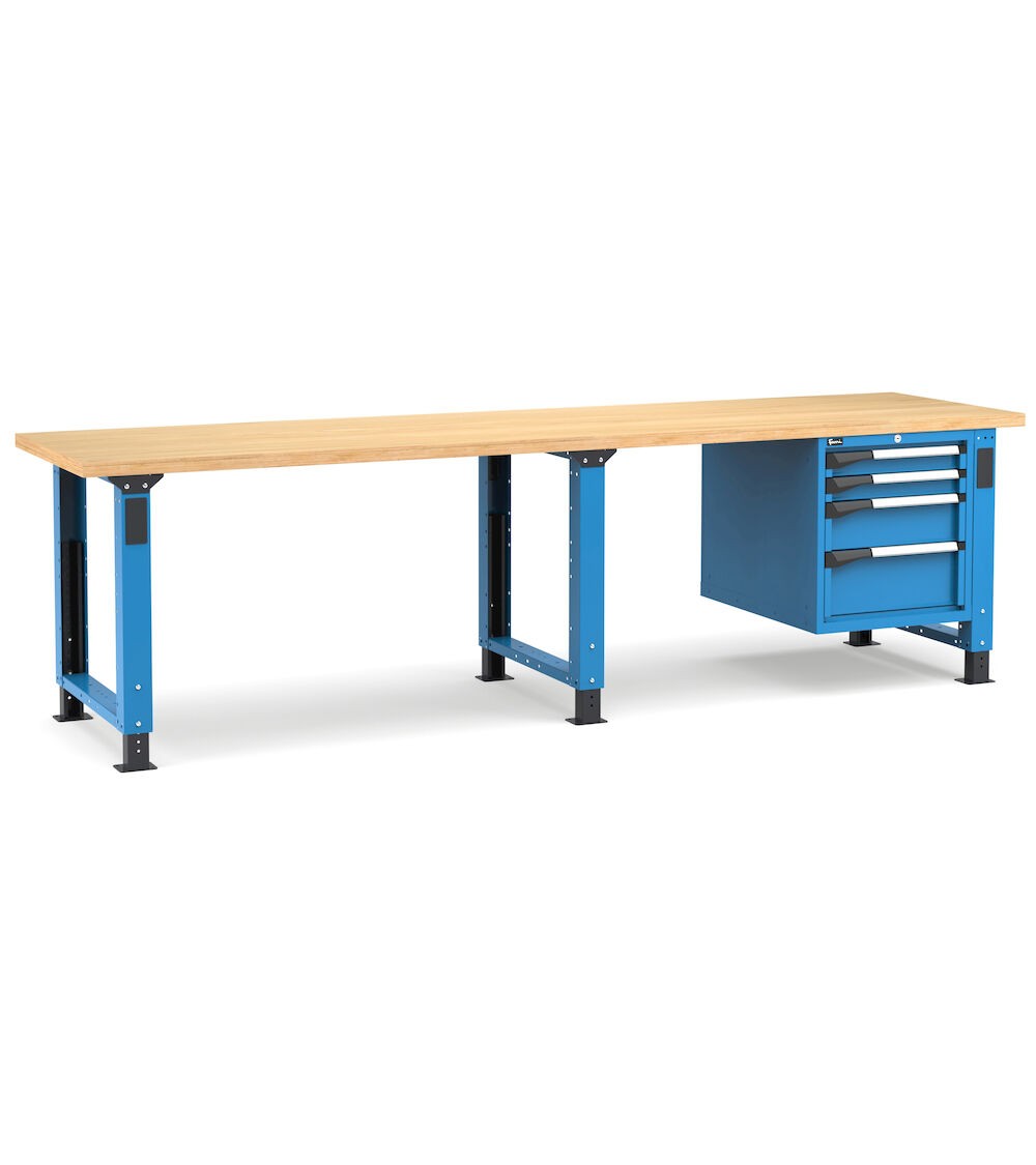 Banco professionale regolabile con 4 cassetti 2x75 1x150 1x200, 300 cm, blu e antracite