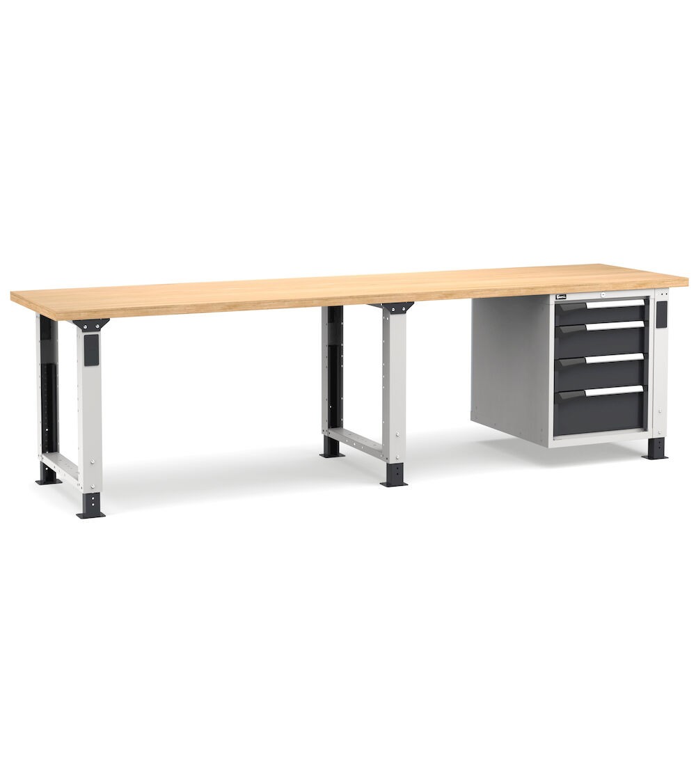 Banco professionale regolabile con 4 cassetti 1x100 2x150 1x200, 300 cm, grigio e antracite