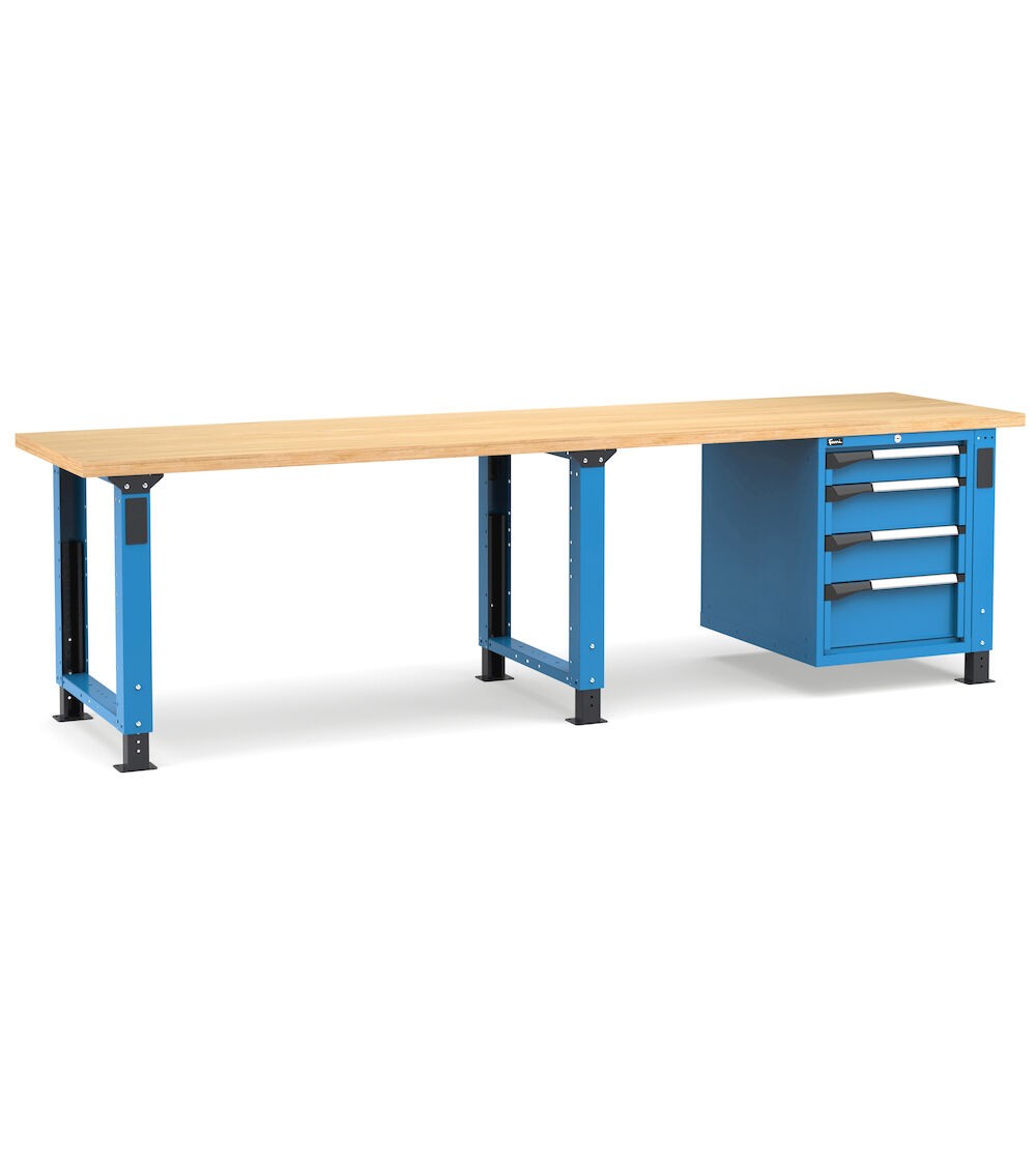 Banco professionale regolabile con 4 cassetti 1x100 2x150 1x200, 300 cm, blu e antracite