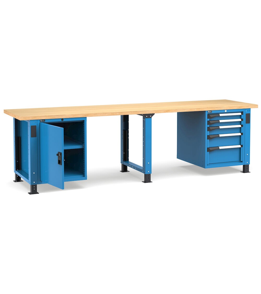 Banco professionale regolabile con 5 cassetti, porta e piano regolabile, 300 cm, blu e antracite