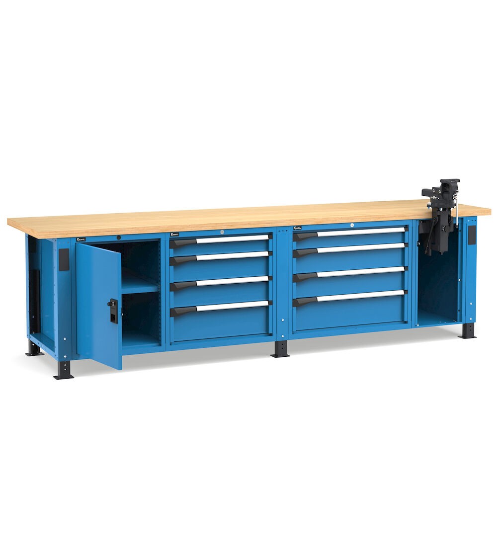 Banco professionale con 8 cassetti, porta, ripiano regolabile e morsa, 300 cm, blu e antracite