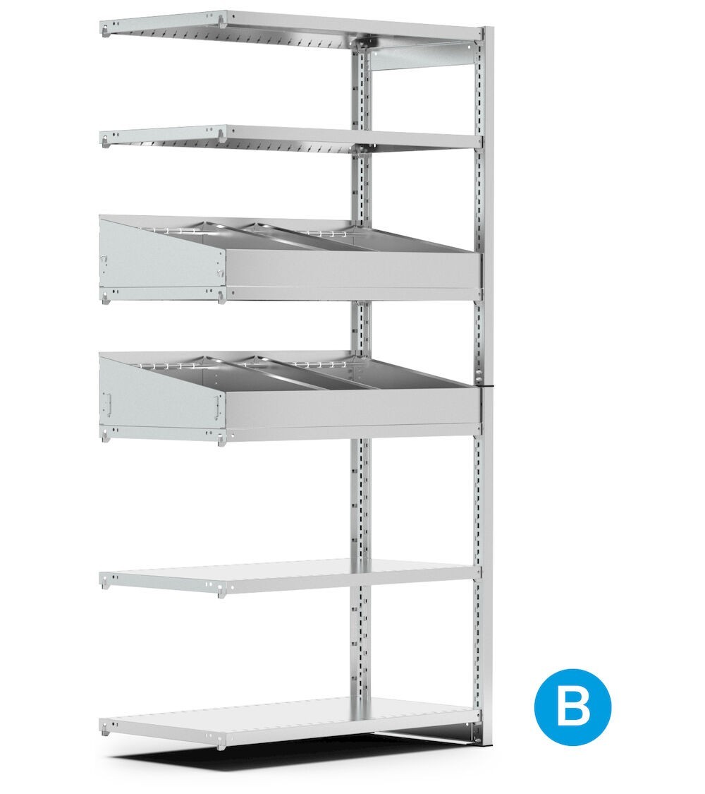 Scaffalatura aggiuntiva a 6 ripiani con divisori, L1028 x P621 x H2011 mm