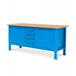 Banco da lavoro Work Up WORK2010 con 1 armadio con 4 cassetti e 2 armadi con porta, colore blu RAL 5012