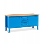 Banco da lavoro Work Up WORK2010 con 1 armadio con 4 cassetti e 2 armadi con porta, colore blu RAL 5012