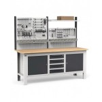 Banco con 4 cassetti, armadio con porta e ripiano, parete portautensili e accessori, 200 cm, Grigio e antracite