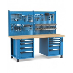 Banco professionale regolabile con parete e 9 cassetti, 200 cm, blu e antracite
