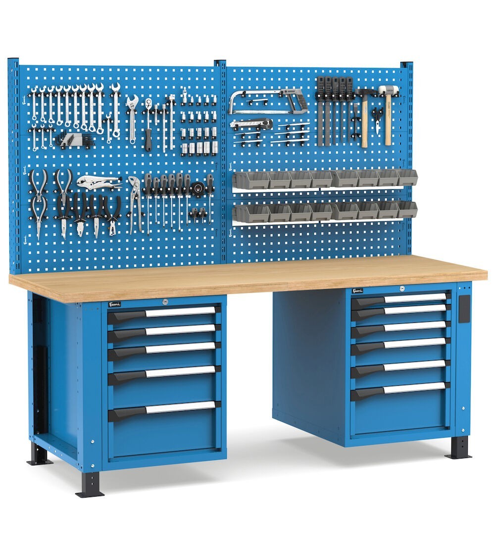 Banco professionale regolabile con parete e 11 cassetti, 200 cm, blu e antracite